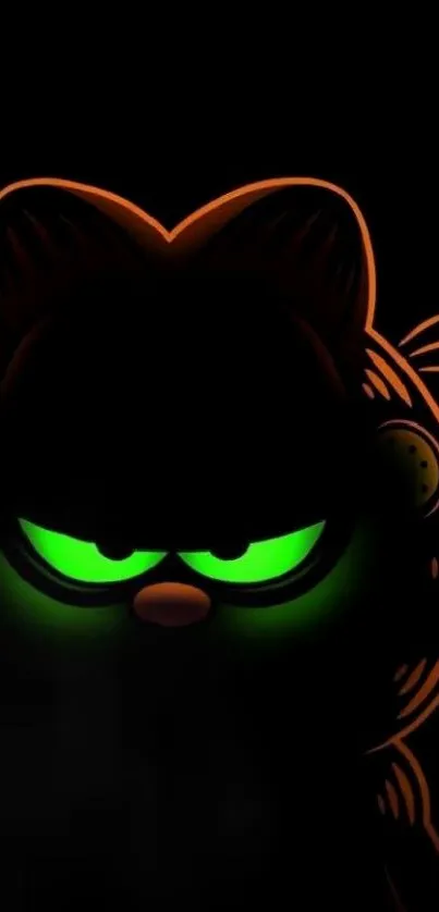 Cartoon cat with glowing green eyes on black background.
