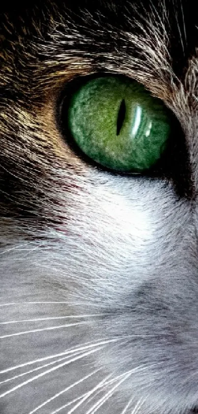 Close-up wallpaper of a cat with striking green eyes.