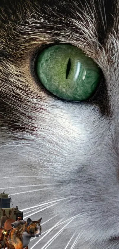 Close-up wallpaper of a green-eyed cat with unique artistic features.