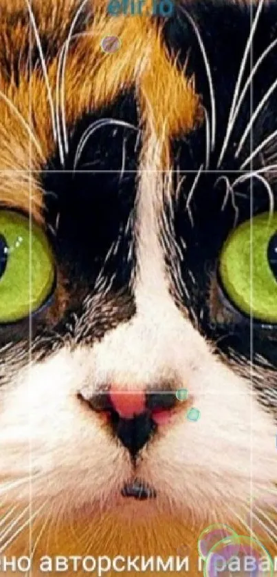 Close-up of a cat with bright green eyes and a patterned face for mobile wallpaper.