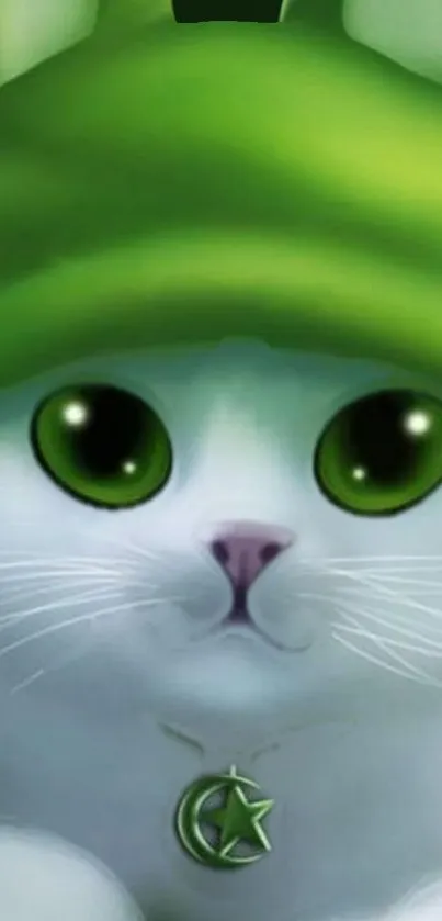 Cute cat with green eyes and hat, wearing a crescent star pendant.