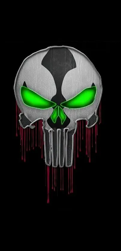 Skull with glowing green eyes and dripping effect on a dark background.