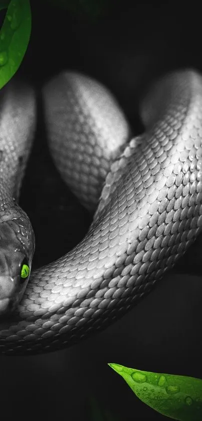 Green-eyed snake with vivid eyes coiled against a dark leafy background.