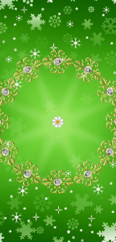 Green wallpaper with golden snowflakes on mobile screen.