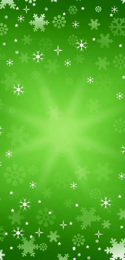 Vibrant green wallpaper with snowflakes and stars.