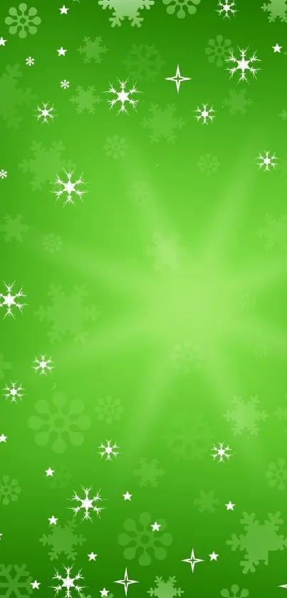 Green festive wallpaper with stars and snowflakes for a vibrant mobile display.