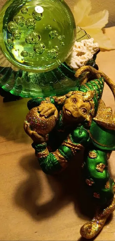 Green jester figurine with crystal ball on wood.