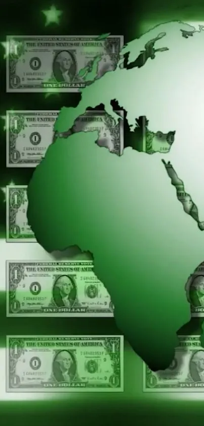 Green world map with dollar bills on mobile wallpaper.