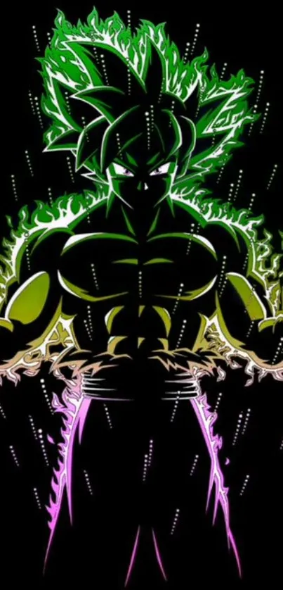 Anime hero in green energy silhouette against a dark background.