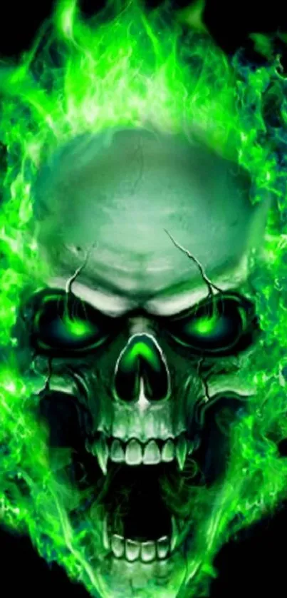 Green flaming skull with intense fire design on dark background.