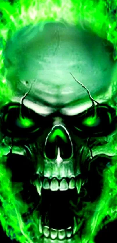 Green flaming skull art on black background.