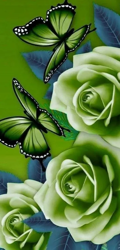 Green roses and butterflies on a vibrant background.