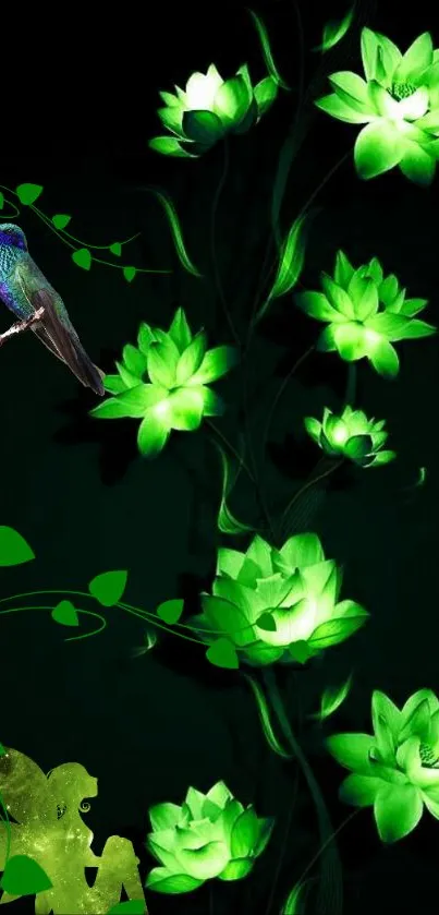 Mobile wallpaper with green flowers and a hummingbird on a dark background.