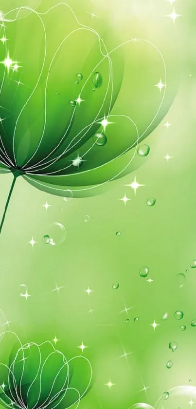 Elegant green floral design with abstract flowers and bubbles.