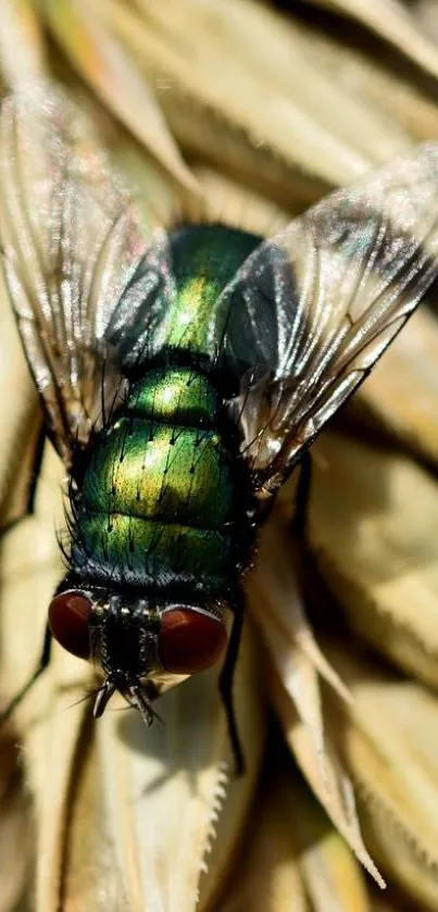 Close-up of a metallic green fly on dried foliage, showcasing nature's beauty.