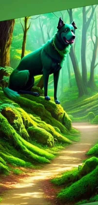 Wallpaper of a dog in a lush green forest landscape.