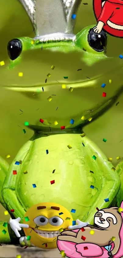 Cheerful green frog with festive confetti and playful cartoon characters.