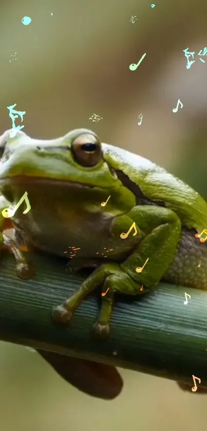 Green frog with musical notes on bamboo mobile wallpaper.