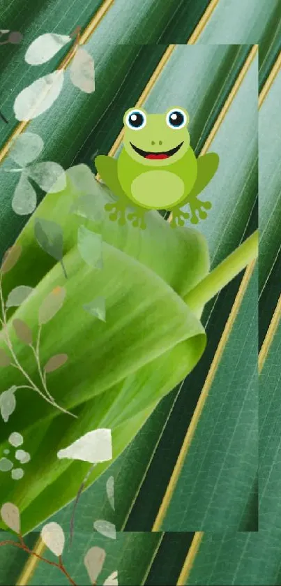 Cartoon frog on a green leafy background.