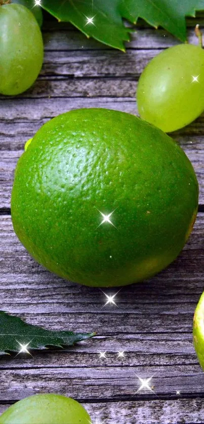 Green fruits and lime on rustic wood surface, creating a fresh and natural look.