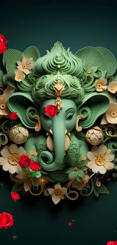 Intricate green Ganesha art with red flowers on mobile wallpaper.