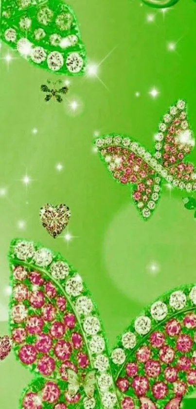 Vibrant green wallpaper with gem butterflies.