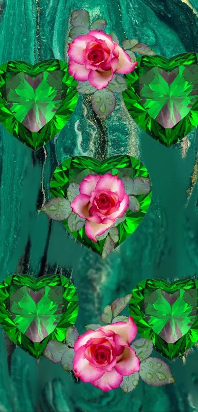 Teal marbled background with green gem hearts and pink roses.