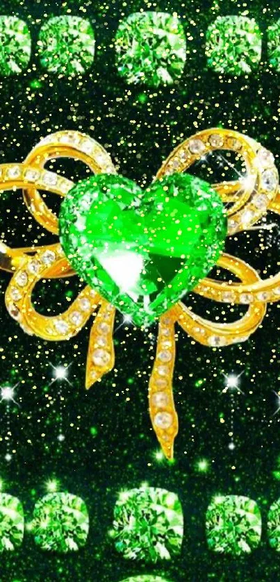 Green gemstone heart with golden design and sparkling jewels.