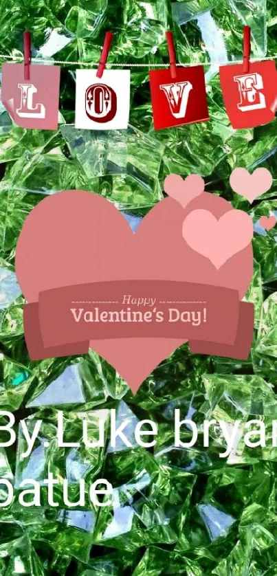 Green gemstone Valentine’s wallpaper with love theme and heart design.