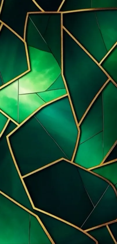 Green geometric art wallpaper with gold lines