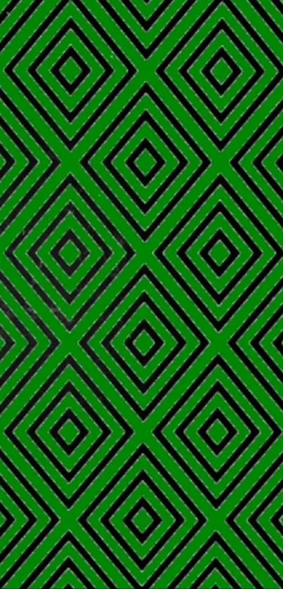 Green wallpaper with geometric diamond patterns.