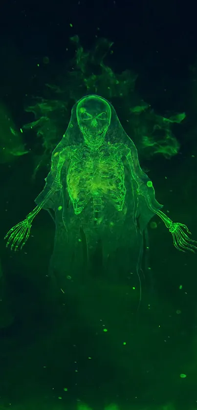 Neon green ghostly figure on dark background.