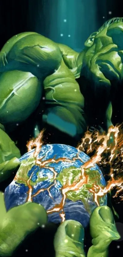 Green superhero holding a cracked Earth with glowing energy lines.