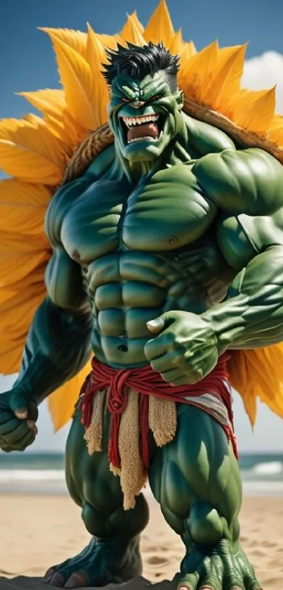 Green giant with sunflower petals on beach with blue sky.