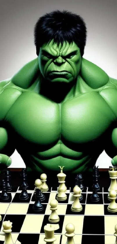 Muscular green figure playing chess on a detailed board.