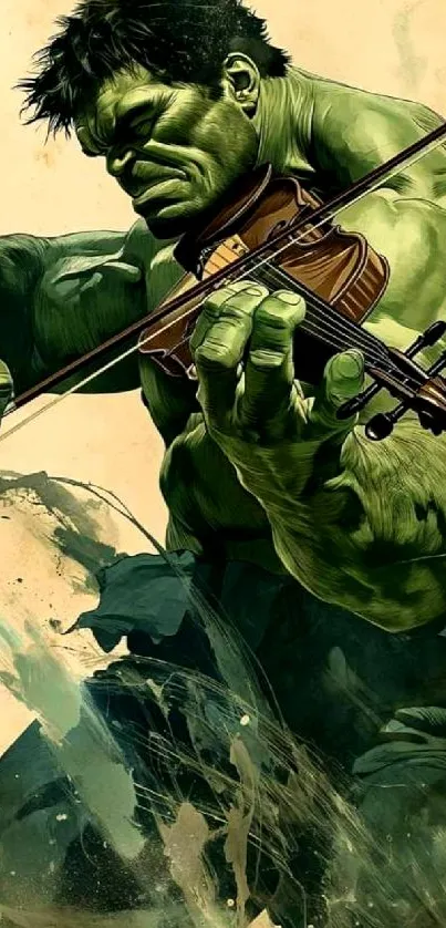 Green superhero playing a violin in an artistic illustration.