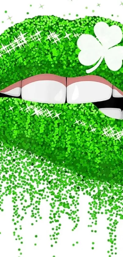 Green glitter lips with shamrock for mobile wallpaper.