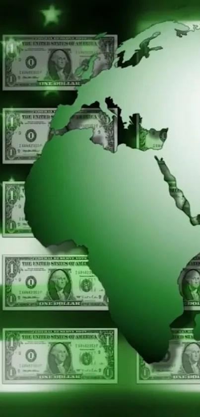 Green globe with dollar bills mobile wallpaper, symbolizing global finance.