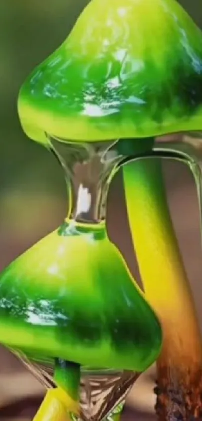 Vibrant green mushroom with surreal artistic design.