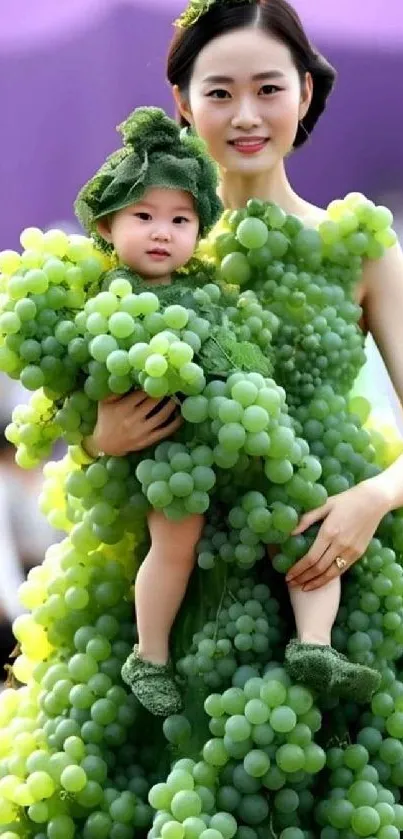 Mother and child in grape-themed green outfits, vibrant and playful.