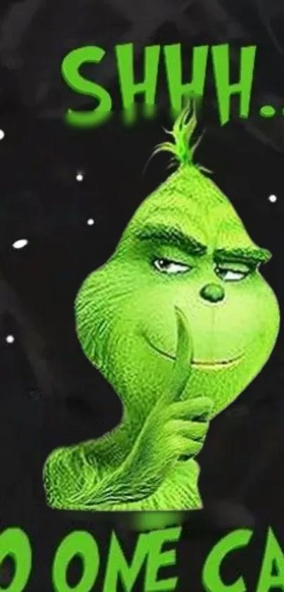 Green Grinch shushing with 'No One Cares' in bold letters.