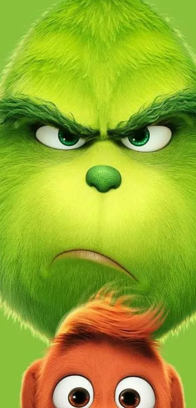 Grumpy green character with fuzzy hair on a green background.