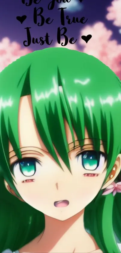 Anime character with green hair and serene background.