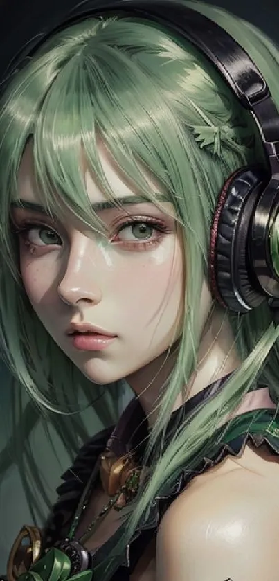 Anime girl with green hair and headphones illustration.