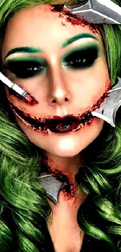 Green-haired figure horror themed wallpaper with dramatic makeup and blades.