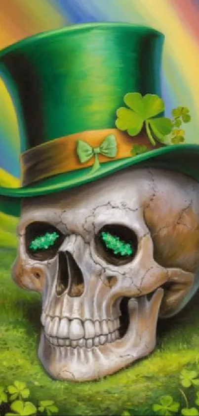 Skull with green hat and rainbow in field with shamrocks.