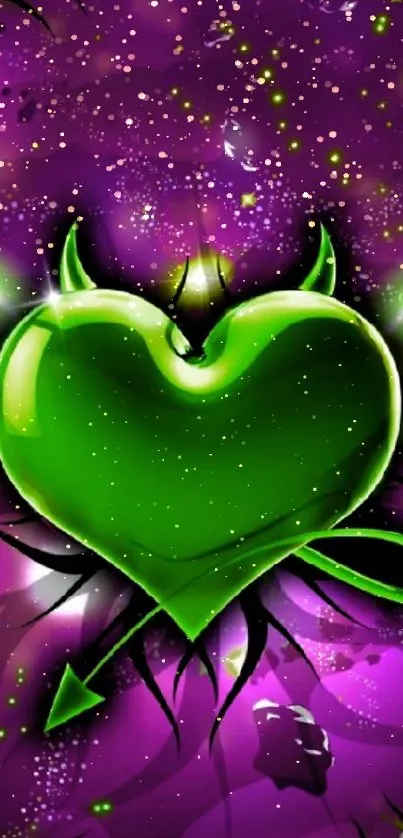 Neon green heart with devil horns on purple background.