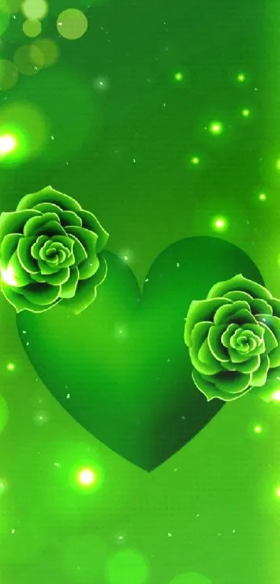 Vibrant green heart and floral wallpaper with glowing effects.