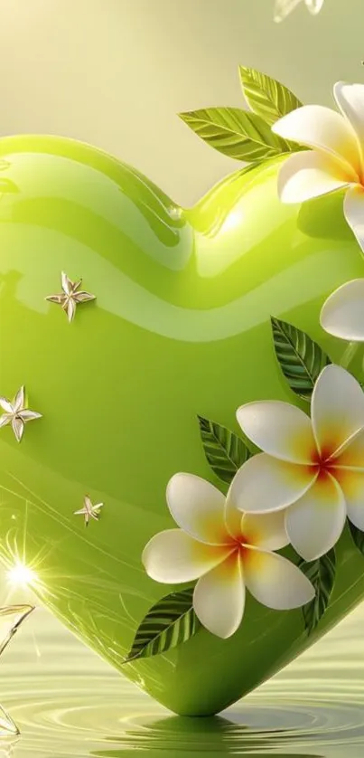 Green heart with white flowers on a serene background.