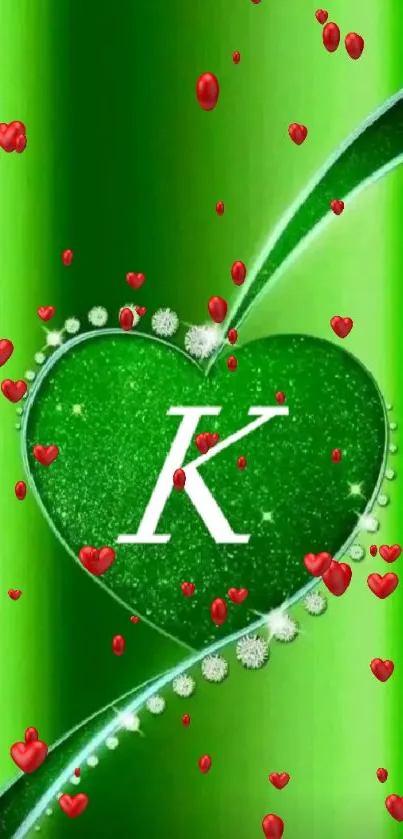 Green heart wallpaper with letter K and sparkles.